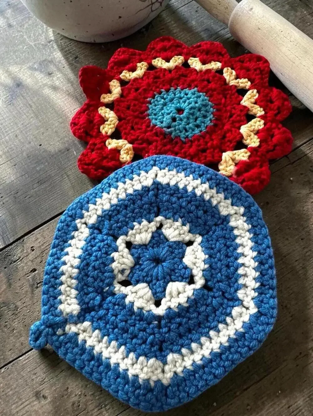 Handmade Trivet Vintage Blue White Crochet Hot Pad, Countertop Saver, Heat